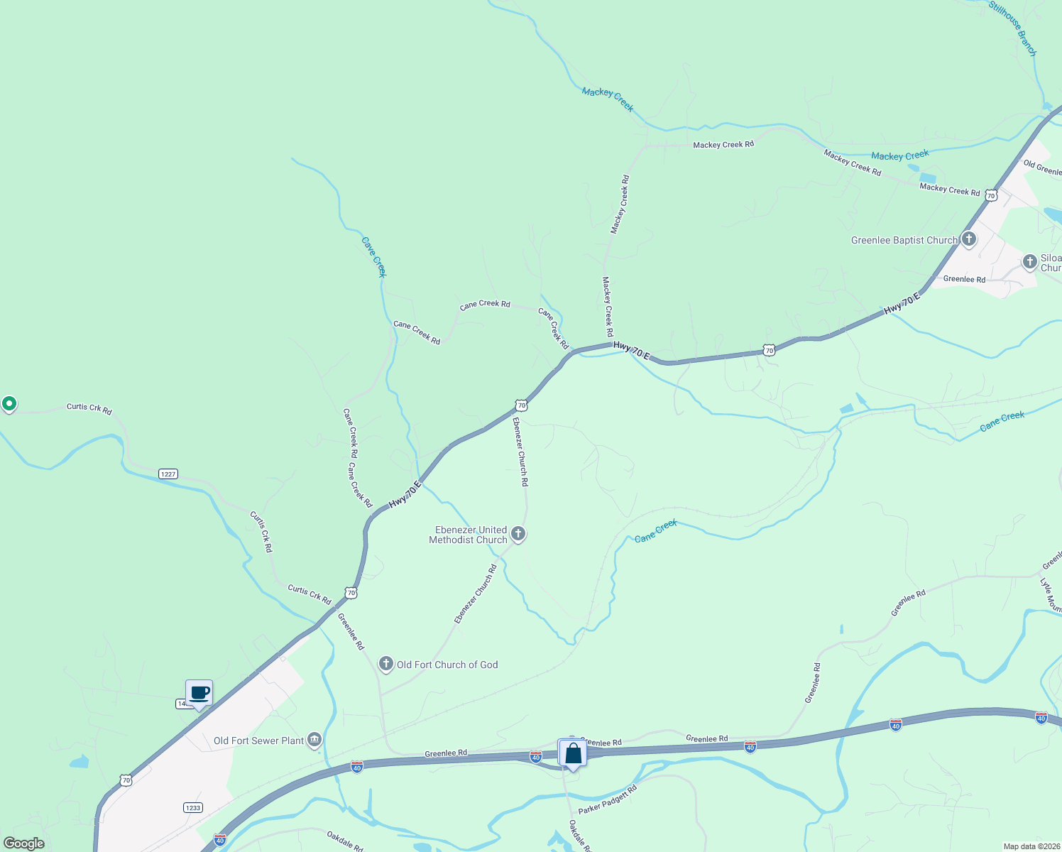 map of restaurants, bars, coffee shops, grocery stores, and more near 66 Ebenezer Road in Old Fort