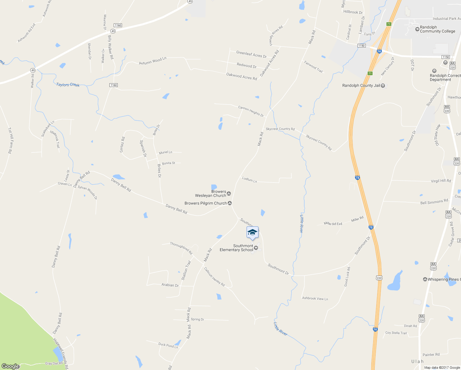 map of restaurants, bars, coffee shops, grocery stores, and more near 1662 Mack Road in Asheboro
