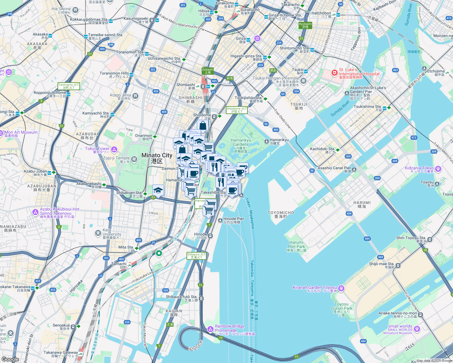 map of restaurants, bars, coffee shops, grocery stores, and more near in Minato City