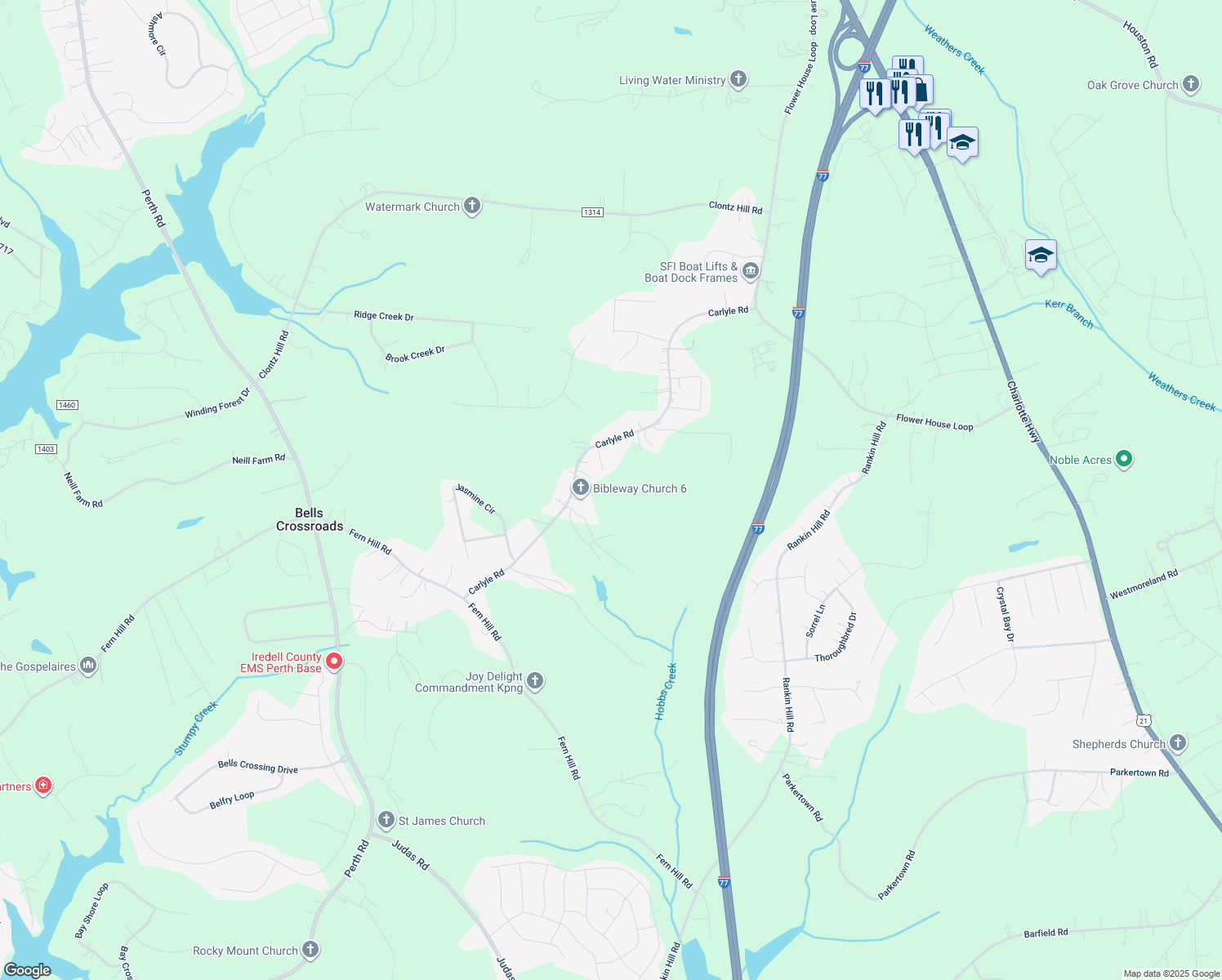 map of restaurants, bars, coffee shops, grocery stores, and more near 311 Carlyle Road in Troutman