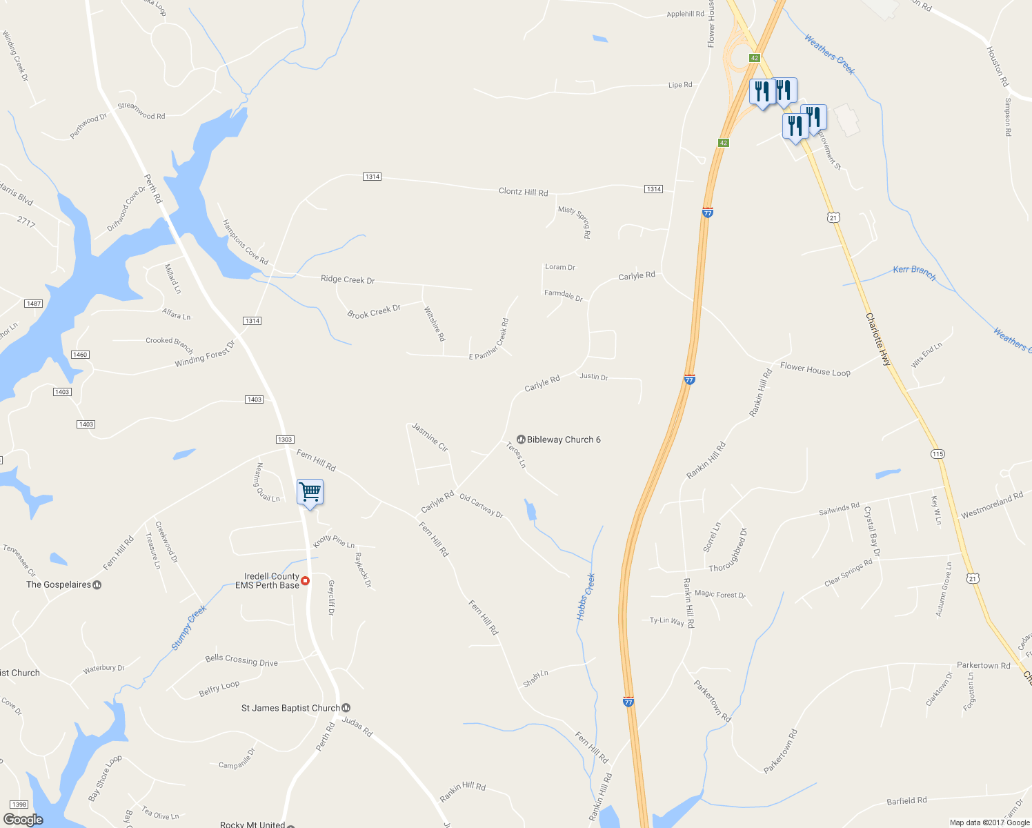 map of restaurants, bars, coffee shops, grocery stores, and more near 311 Carlyle Road in Troutman