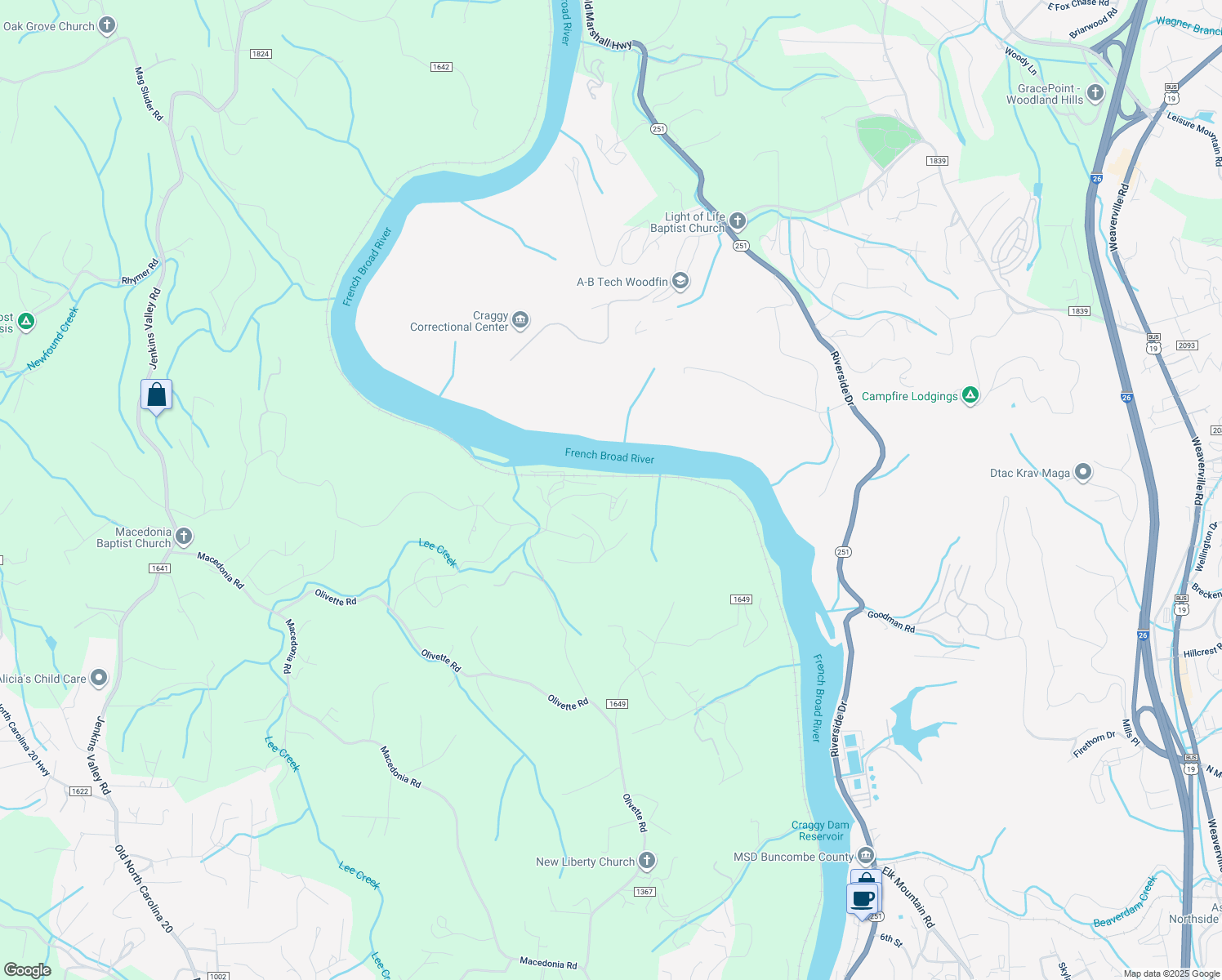 map of restaurants, bars, coffee shops, grocery stores, and more near 42 River Run in Asheville