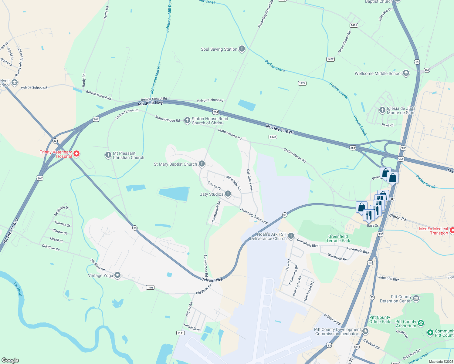 map of restaurants, bars, coffee shops, grocery stores, and more near 2204 Gunston Court in Greenville