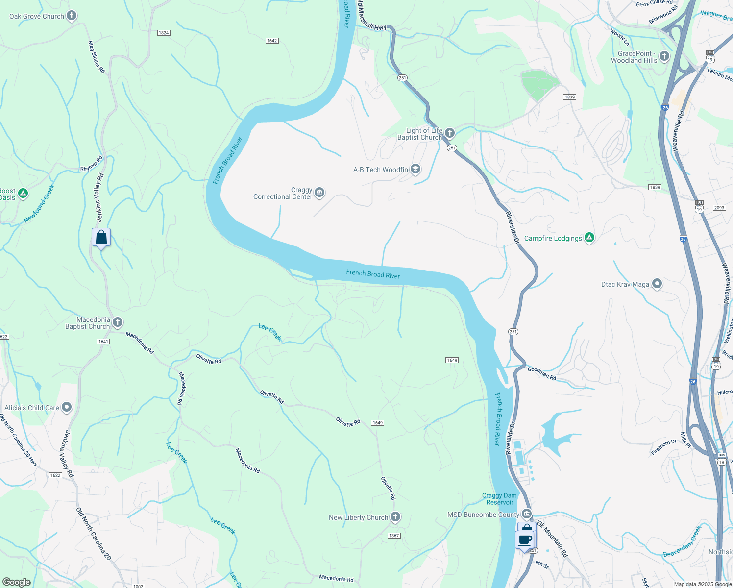 map of restaurants, bars, coffee shops, grocery stores, and more near 34 River Run in Asheville