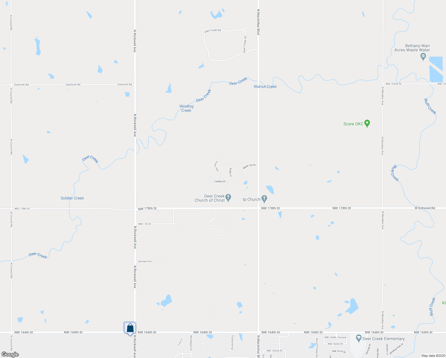 map of restaurants, bars, coffee shops, grocery stores, and more near 18230 Antler Way in Edmond