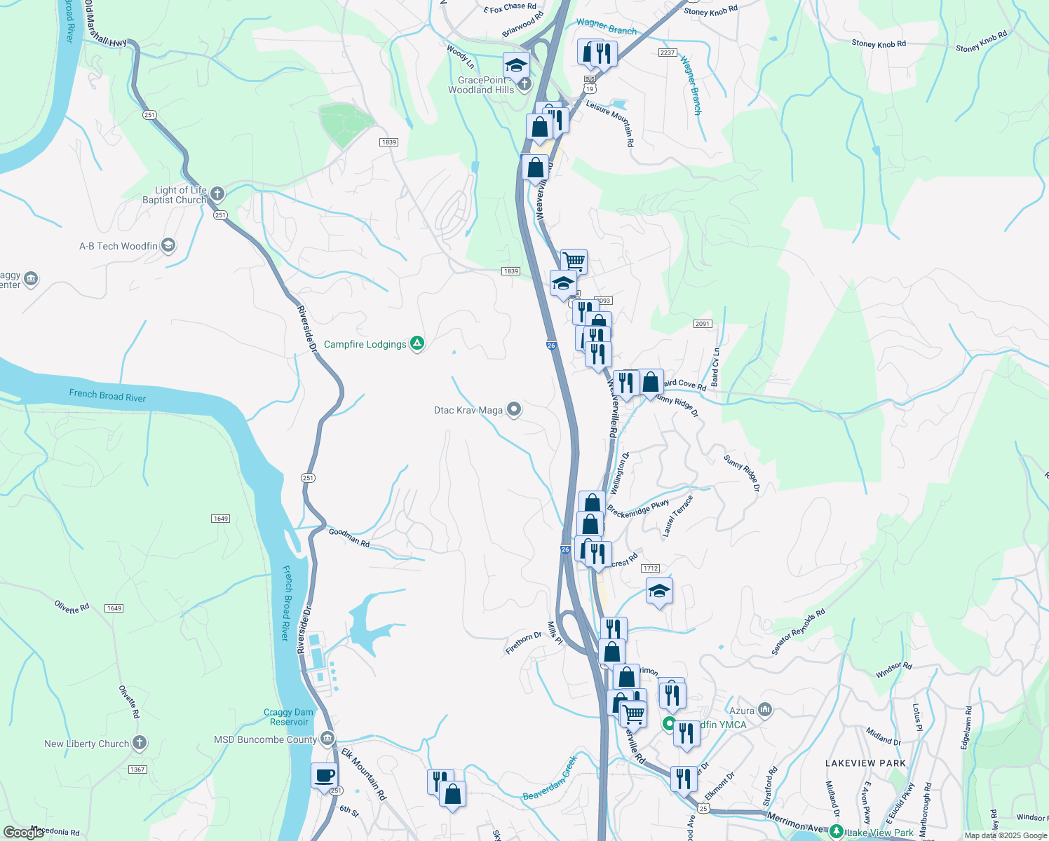 map of restaurants, bars, coffee shops, grocery stores, and more near Barebridge Hills Drive in Asheville