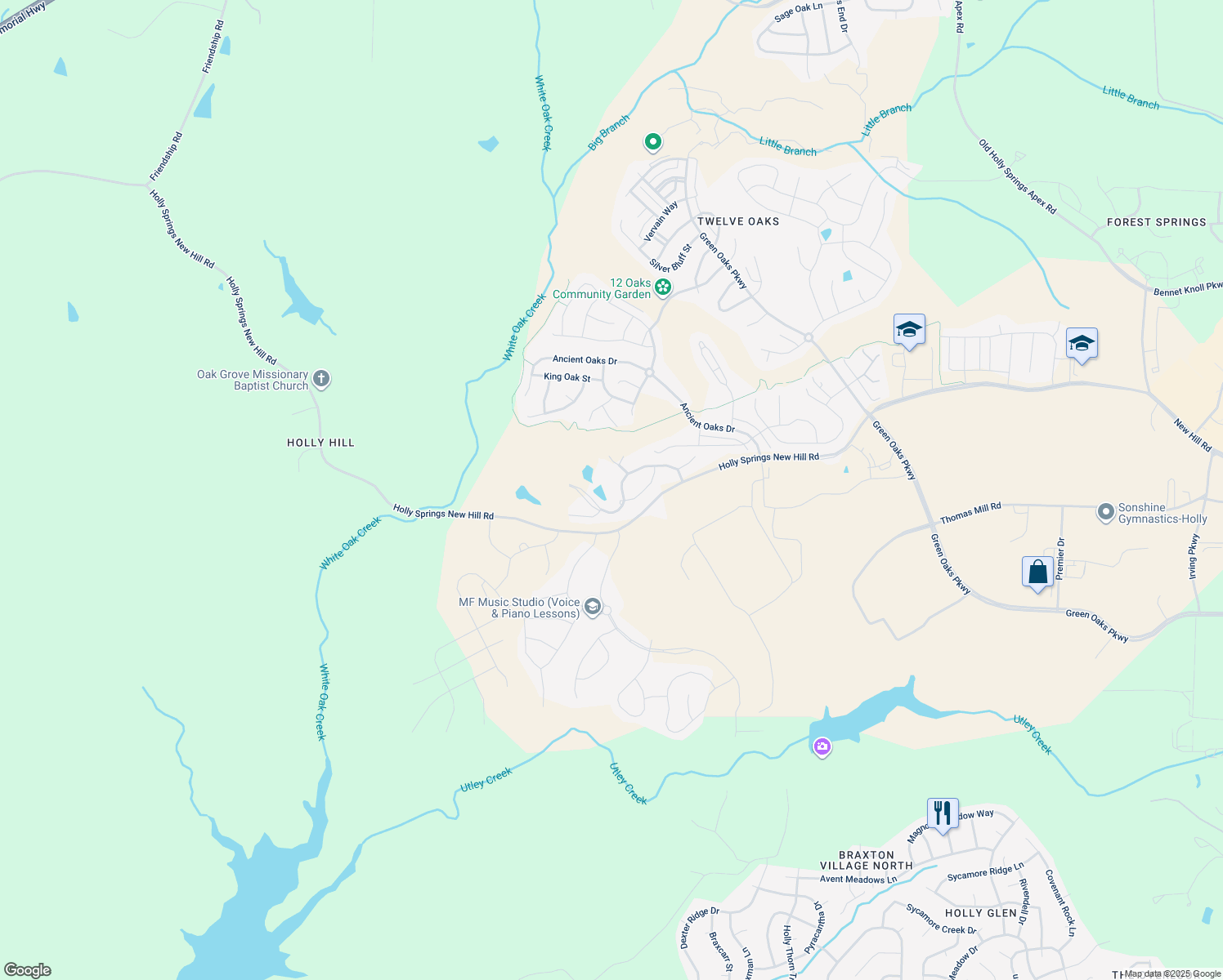 map of restaurants, bars, coffee shops, grocery stores, and more near 12004 Holly Springs New Hill Rd in Apex