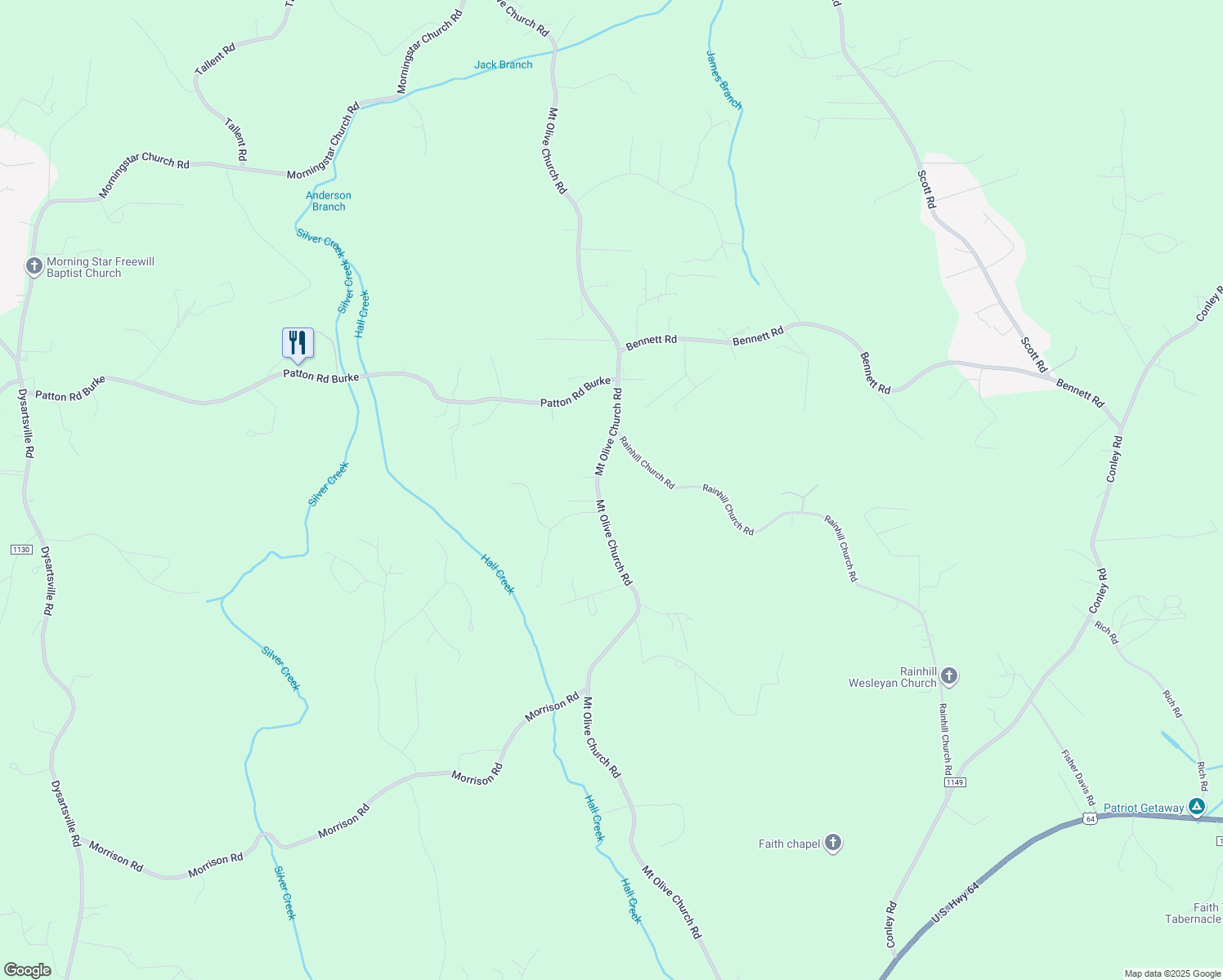 map of restaurants, bars, coffee shops, grocery stores, and more near 5583 Mount Olive Church Road in Morganton