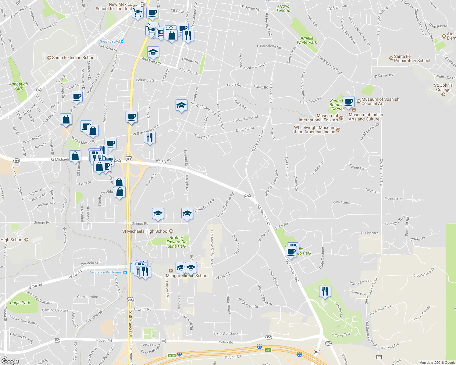 map of restaurants, bars, coffee shops, grocery stores, and more near 435 Saint Michaels Drive in Santa Fe