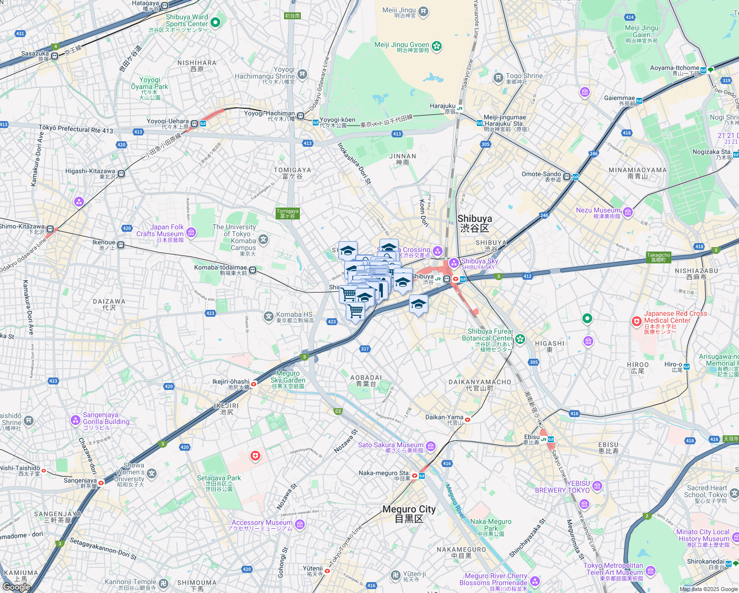 map of restaurants, bars, coffee shops, grocery stores, and more near in Shibuya City