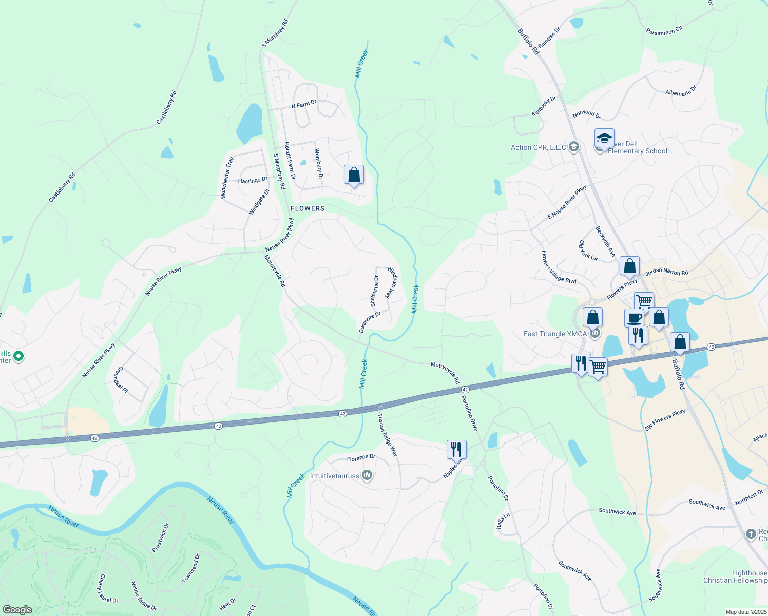 map of restaurants, bars, coffee shops, grocery stores, and more near 217 Dunmore Drive in Clayton
