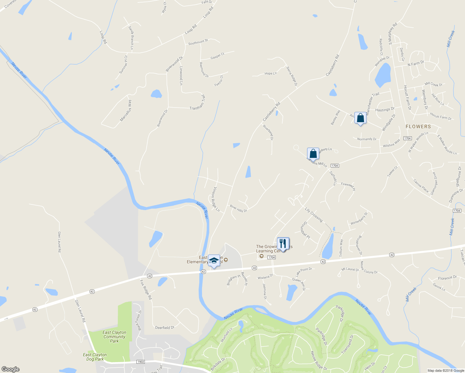 map of restaurants, bars, coffee shops, grocery stores, and more near 43 Stewarts Knob Drive in Clayton