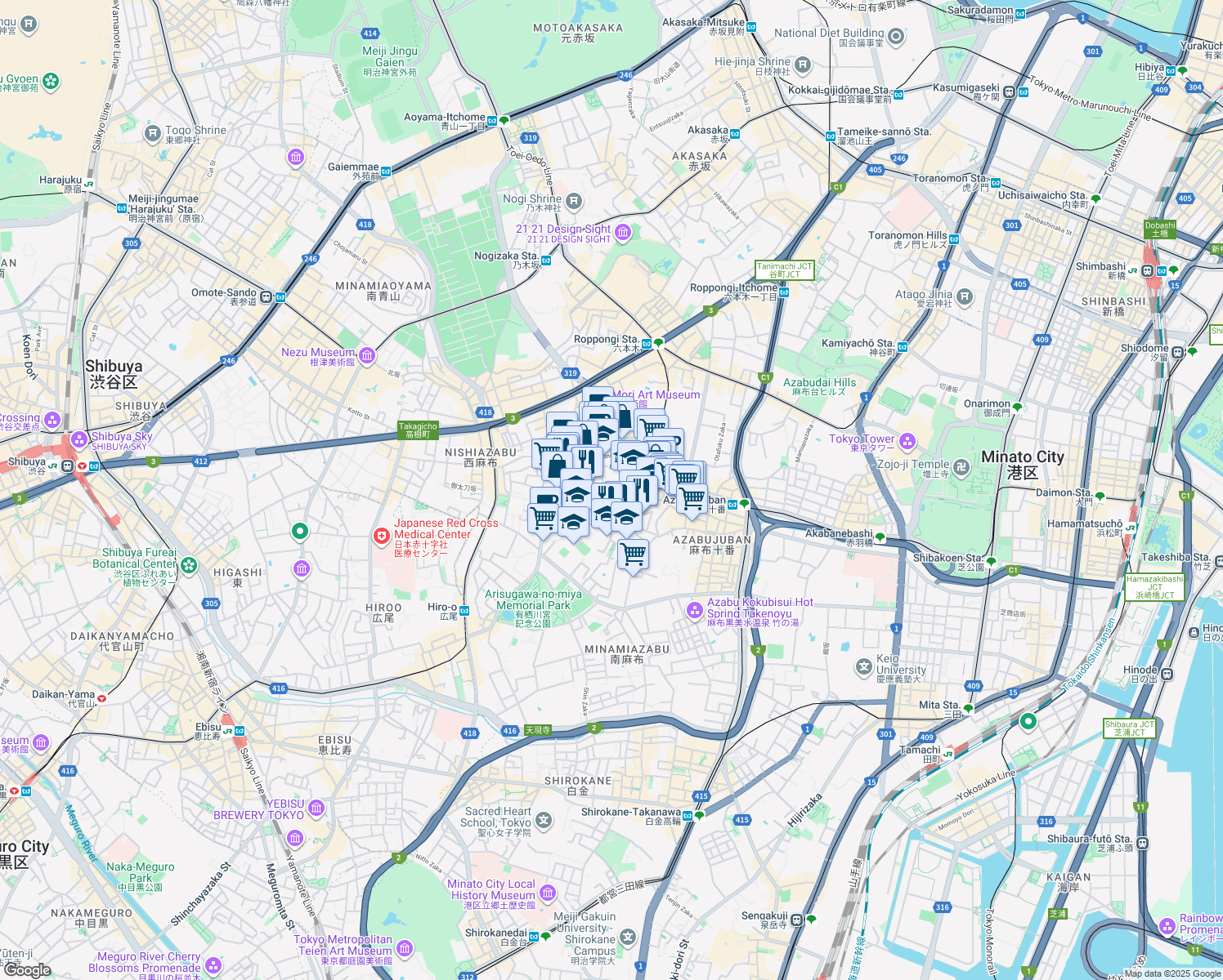 map of restaurants, bars, coffee shops, grocery stores, and more near in Minato City