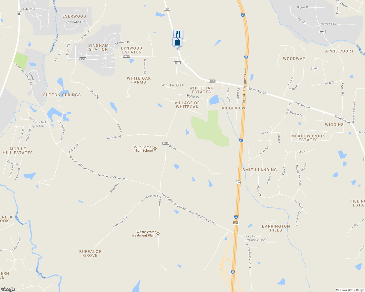 map of restaurants, bars, coffee shops, grocery stores, and more near 2325 Win Road in Garner