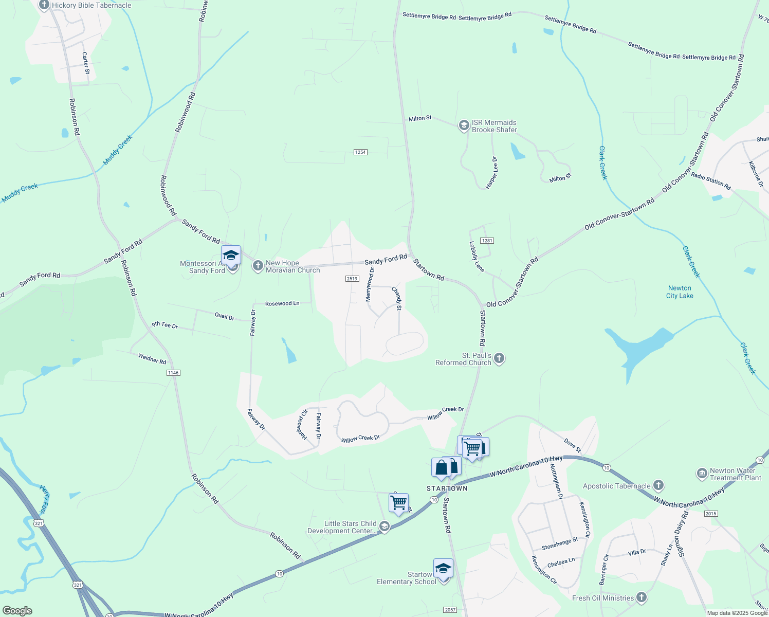 map of restaurants, bars, coffee shops, grocery stores, and more near 1127 Edgefield Ln in Newton