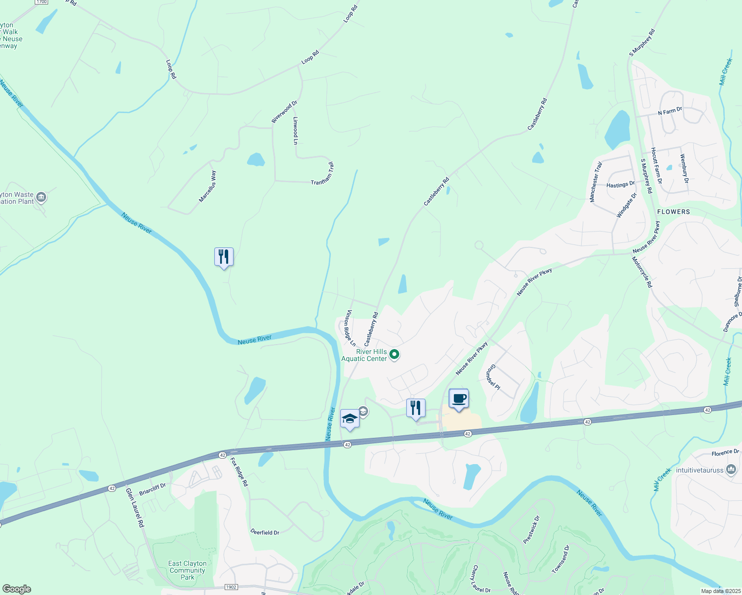map of restaurants, bars, coffee shops, grocery stores, and more near 685 Castleberry Road in Clayton