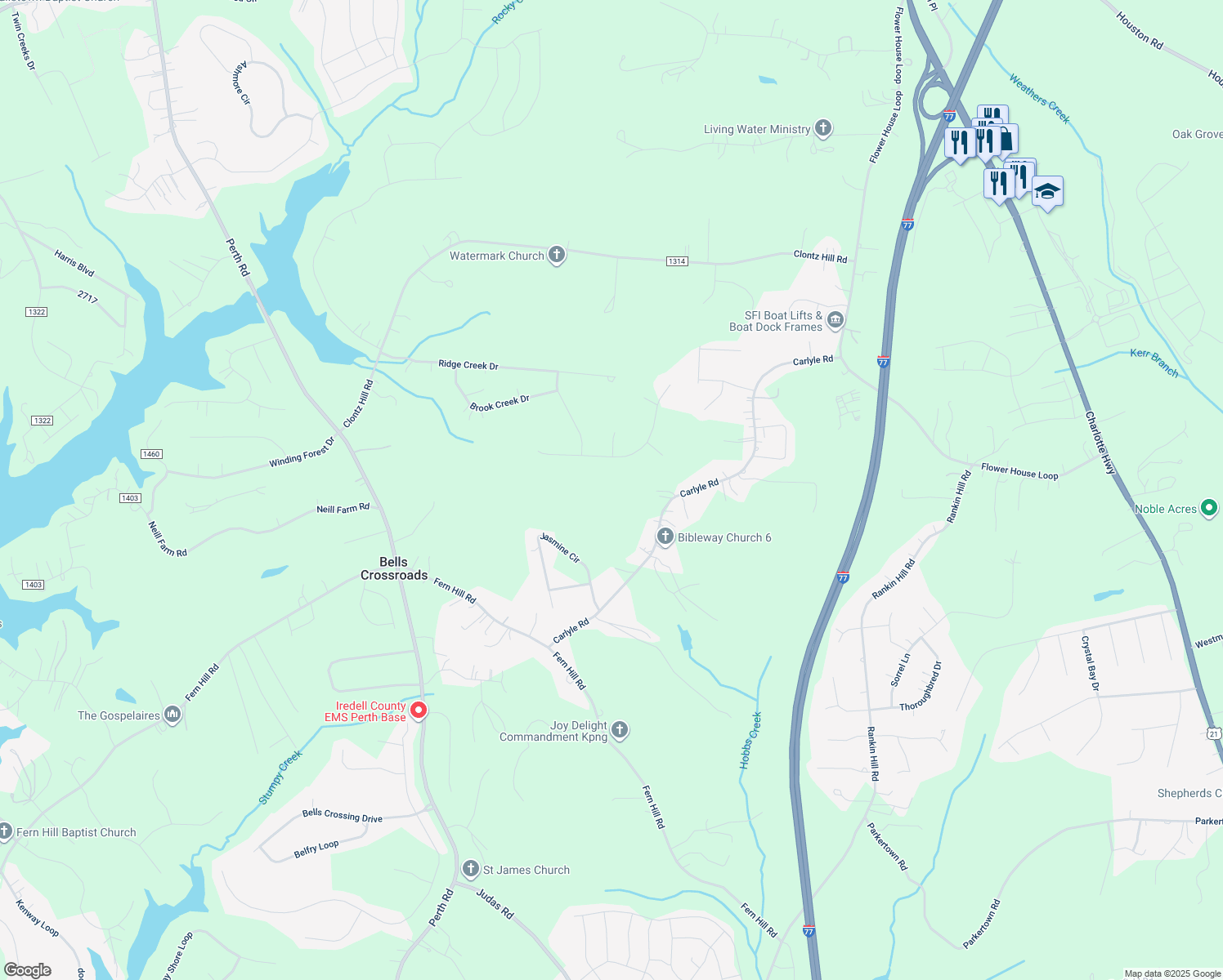 map of restaurants, bars, coffee shops, grocery stores, and more near Carlyle Road in Troutman