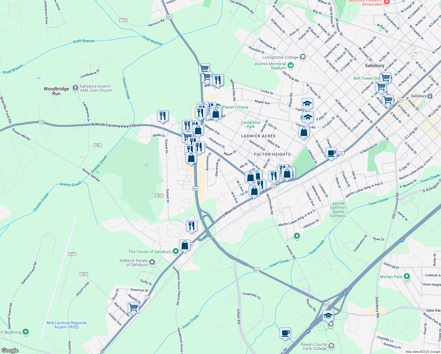 map of restaurants, bars, coffee shops, grocery stores, and more near 427 D Avenue in Salisbury