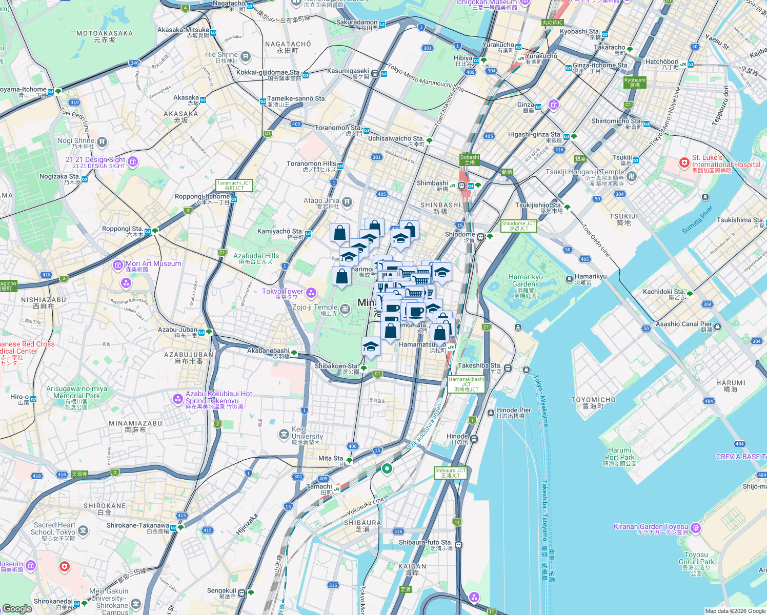 map of restaurants, bars, coffee shops, grocery stores, and more near in Minato City
