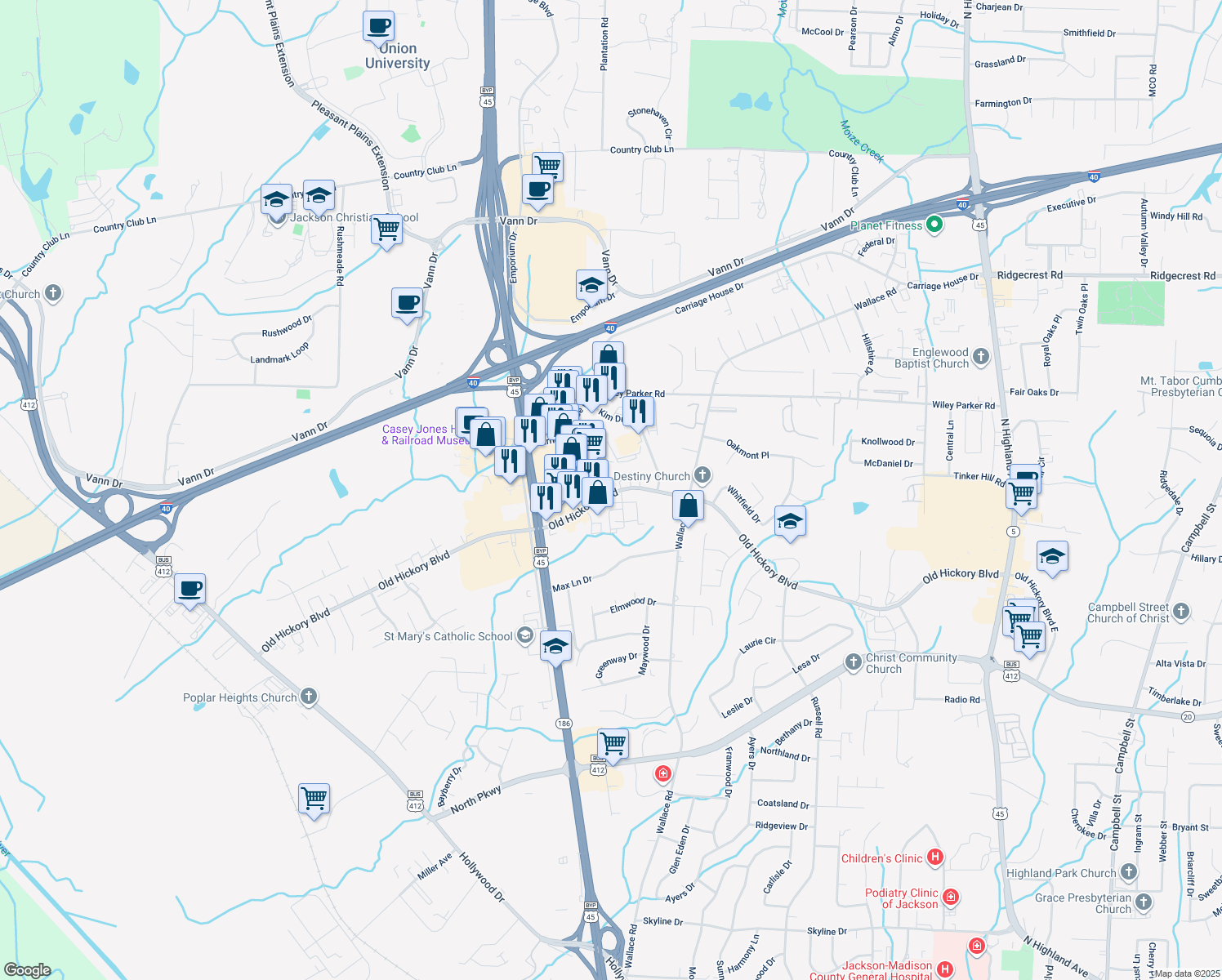 map of restaurants, bars, coffee shops, grocery stores, and more near 565 Old Hickory Boulevard in Jackson
