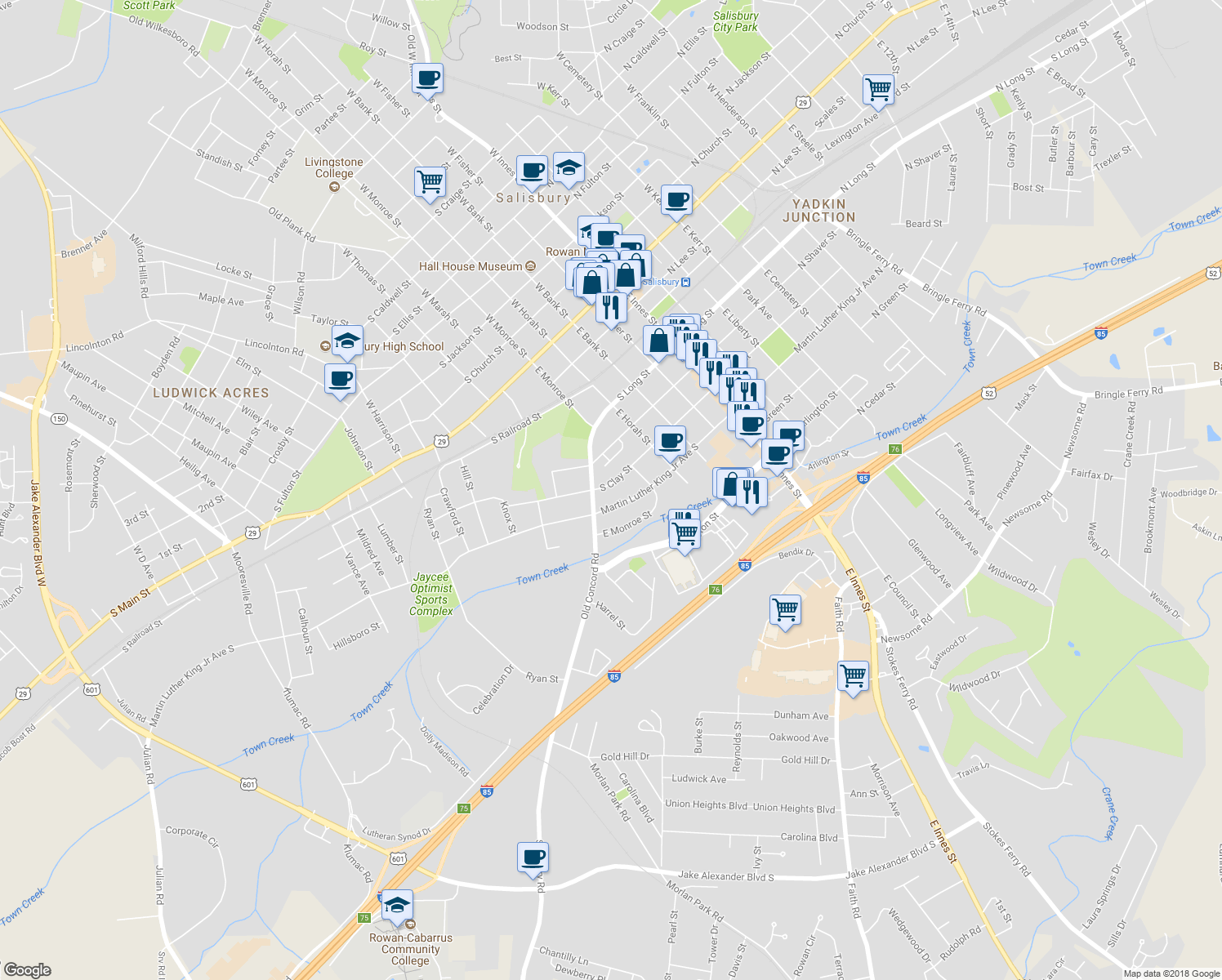 map of restaurants, bars, coffee shops, grocery stores, and more near 525 South Clay Street in Salisbury