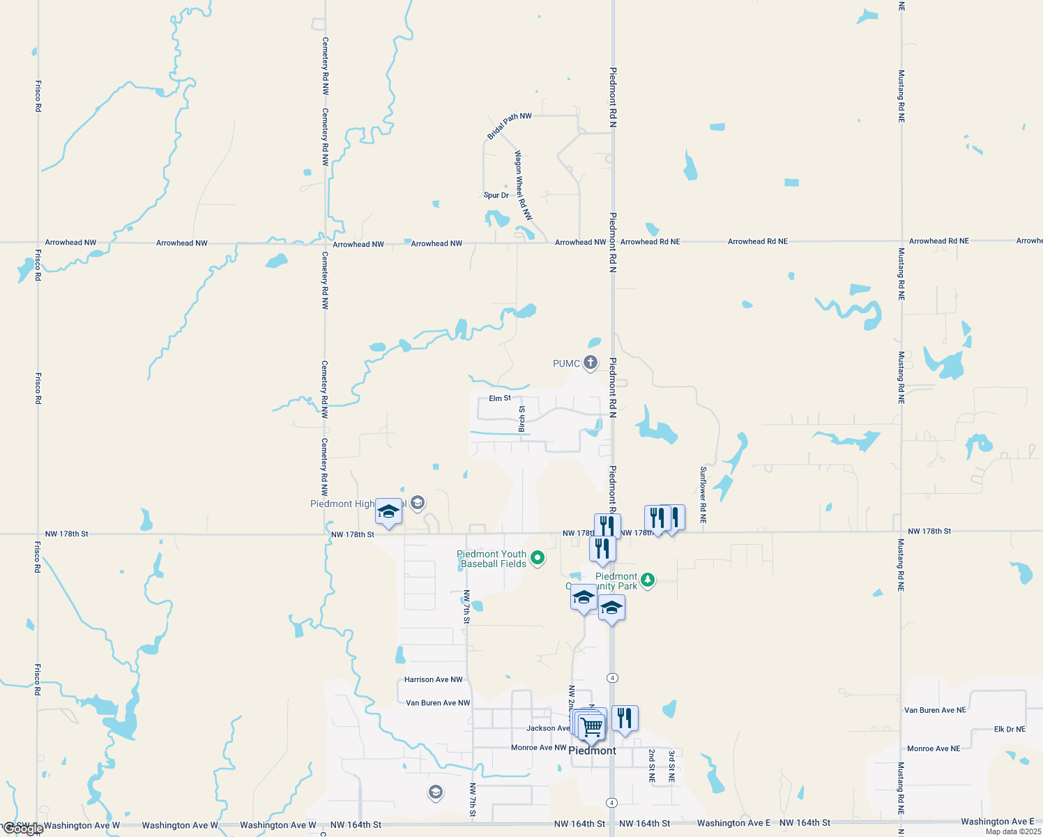 map of restaurants, bars, coffee shops, grocery stores, and more near Birch Street in Piedmont