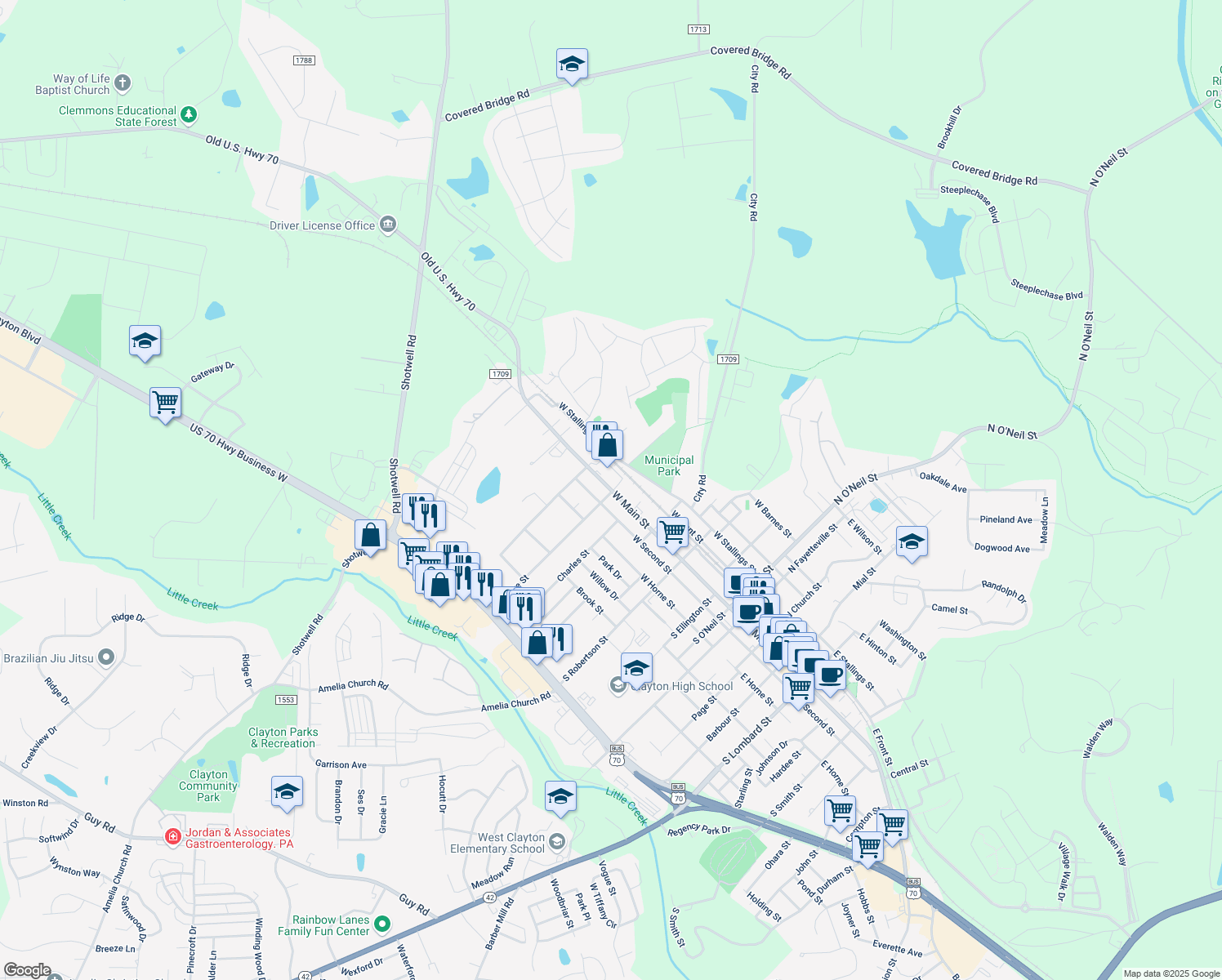 map of restaurants, bars, coffee shops, grocery stores, and more near 688 West Main Street in Clayton