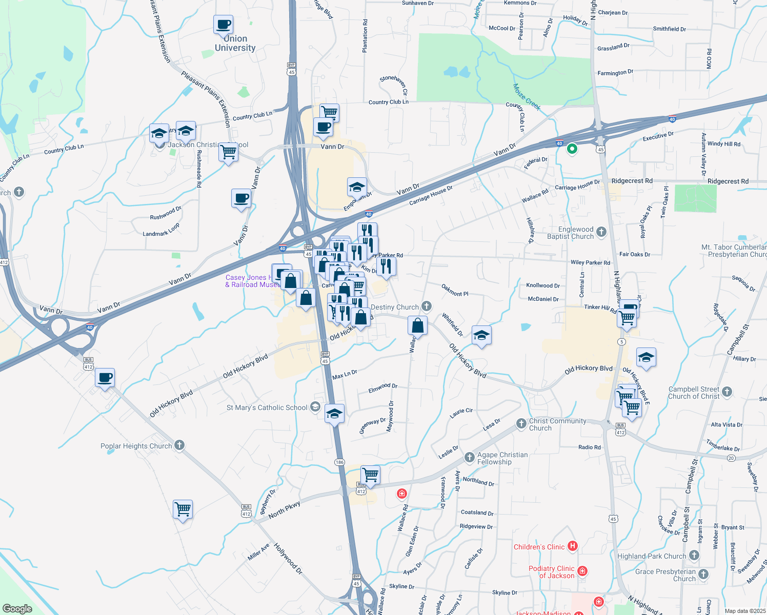 map of restaurants, bars, coffee shops, grocery stores, and more near 533 Old Hickory Boulevard in Jackson