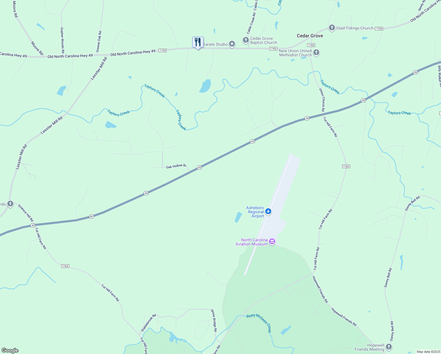 map of restaurants, bars, coffee shops, grocery stores, and more near 2717 Old North Carolina Highway 49 in Asheboro