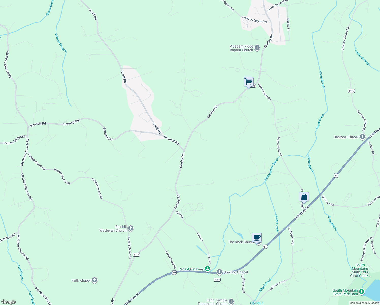 map of restaurants, bars, coffee shops, grocery stores, and more near 2353 Conley Road in Morganton