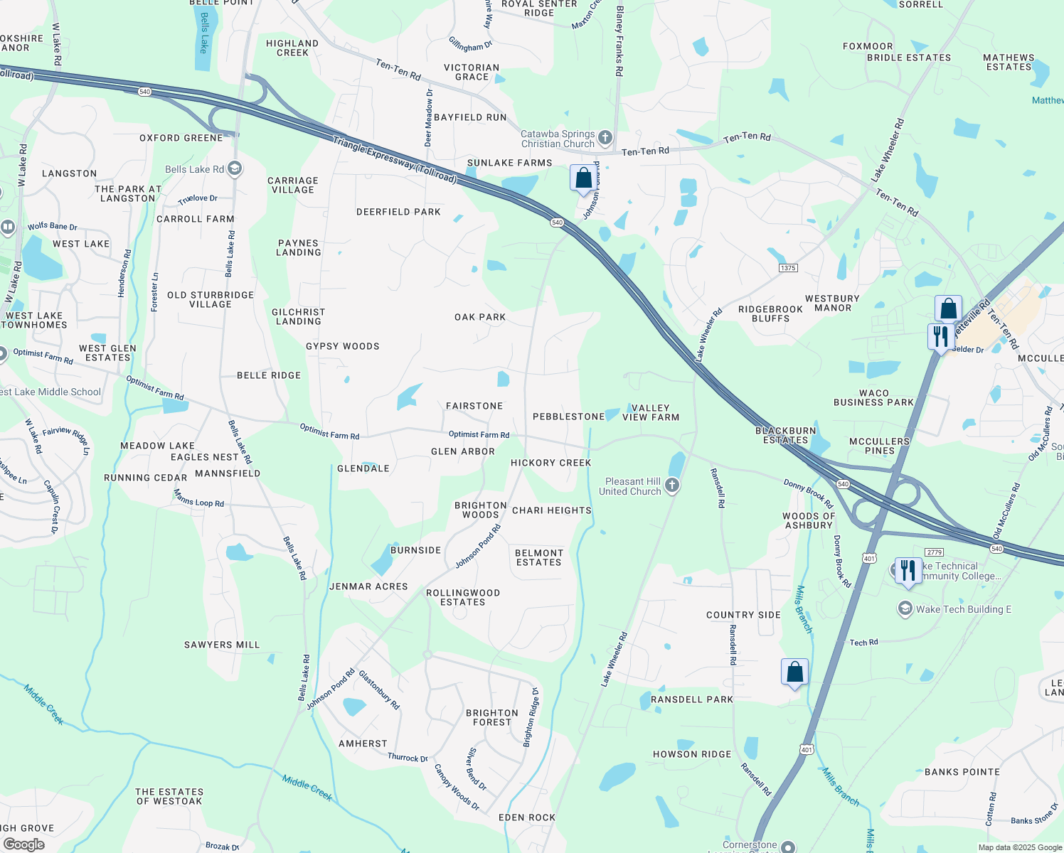 map of restaurants, bars, coffee shops, grocery stores, and more near 4229 Johnson Pond Road in Apex