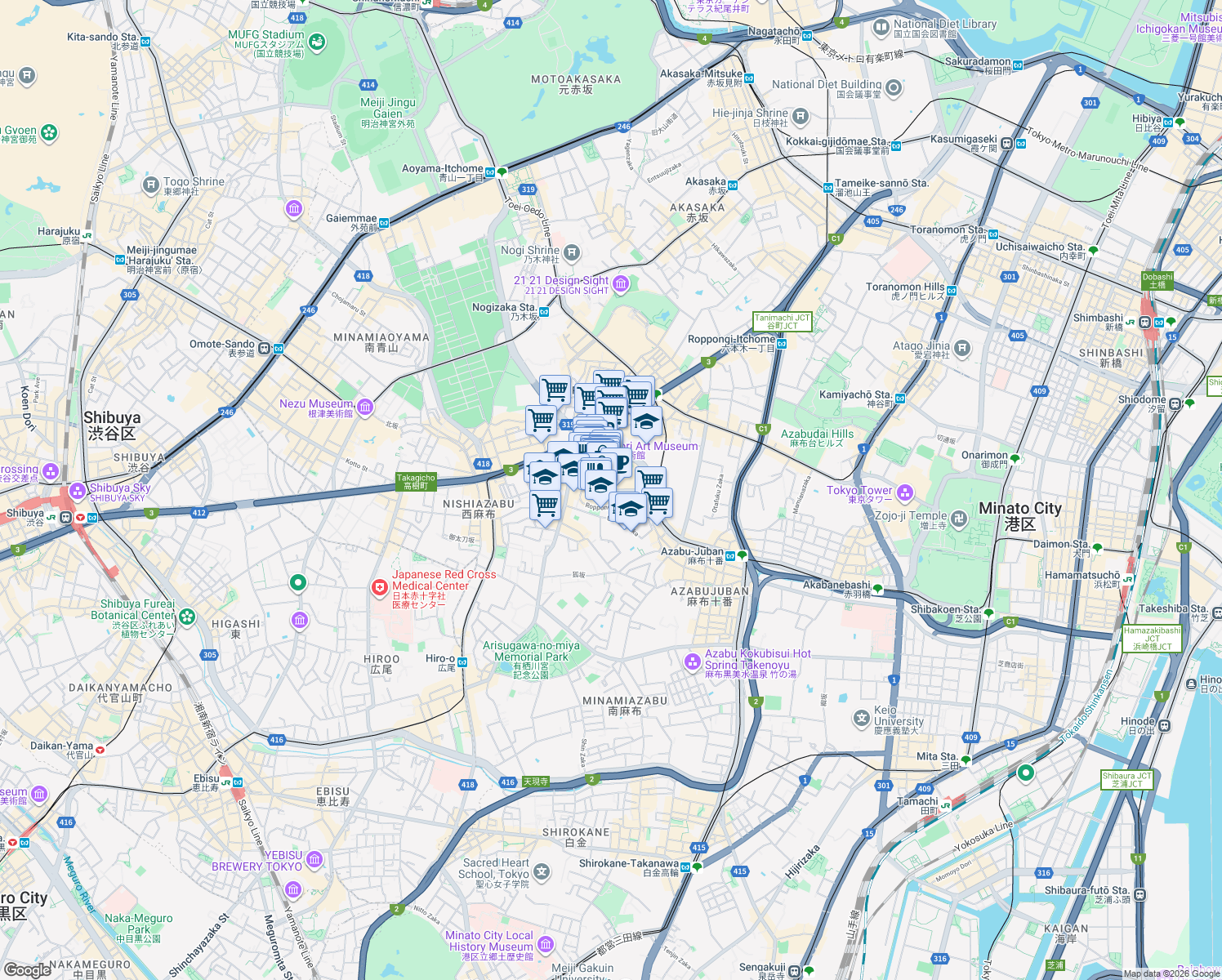map of restaurants, bars, coffee shops, grocery stores, and more near Roppongi Keyakizaka Dori in Minato City