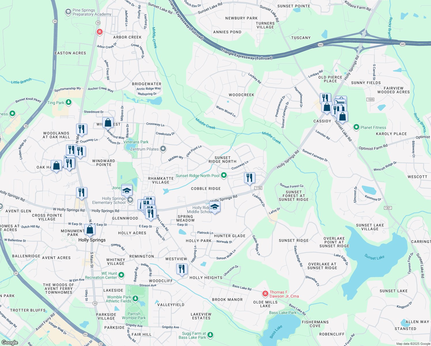 map of restaurants, bars, coffee shops, grocery stores, and more near 229 Kingsport Road in Holly Springs