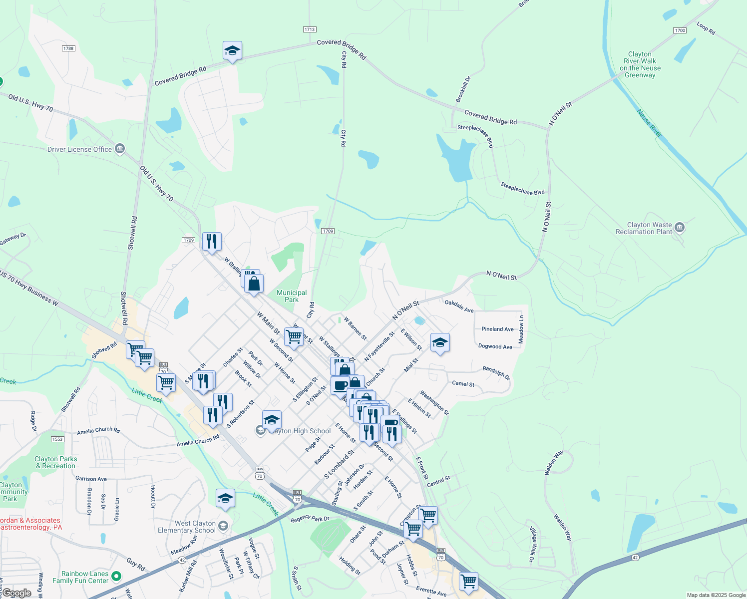map of restaurants, bars, coffee shops, grocery stores, and more near 105 Edgewater Drive in Clayton