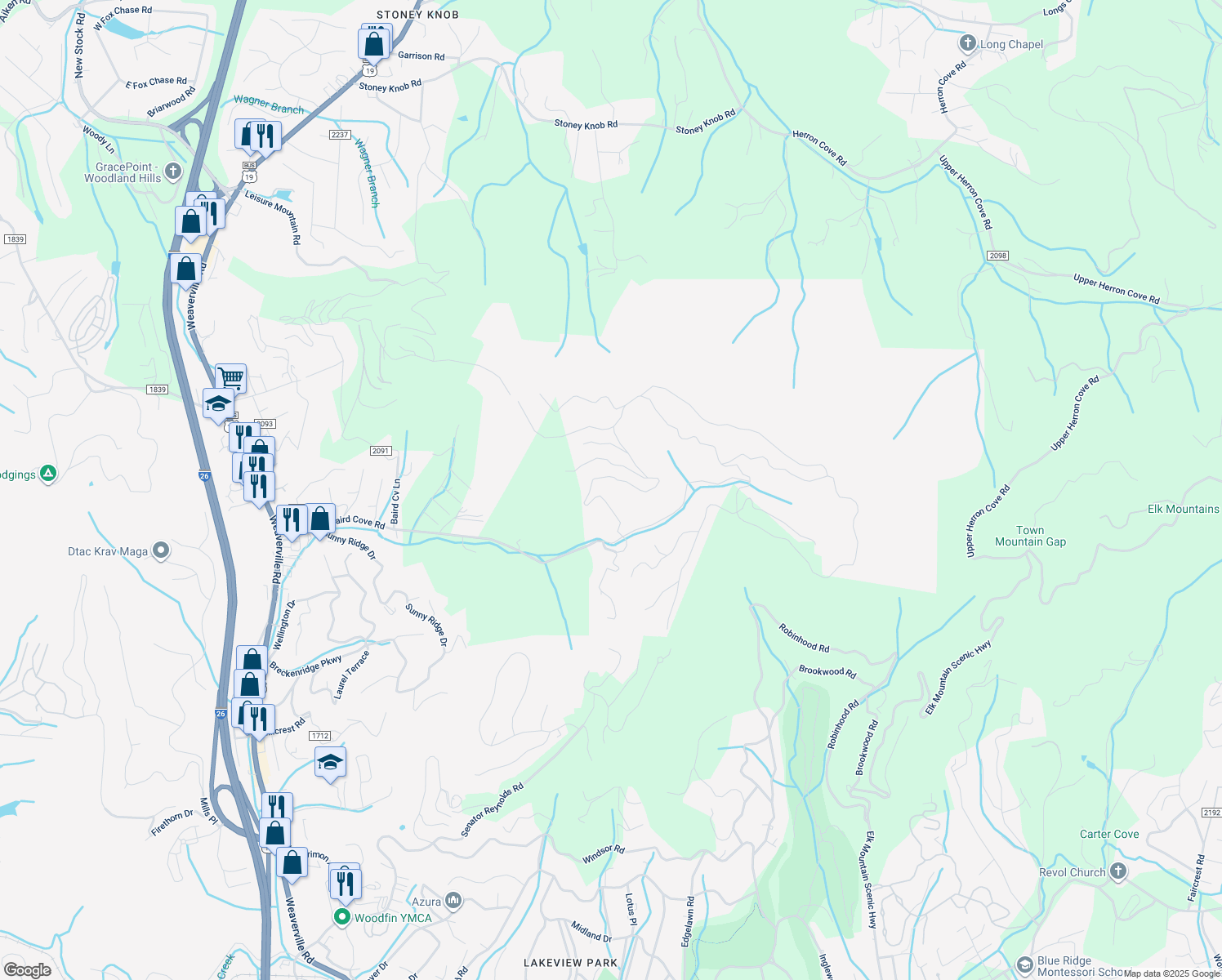 map of restaurants, bars, coffee shops, grocery stores, and more near 73 Starling Pass in Asheville
