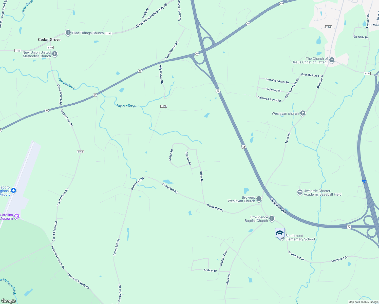 map of restaurants, bars, coffee shops, grocery stores, and more near 1317 Spanish Drive in Asheboro