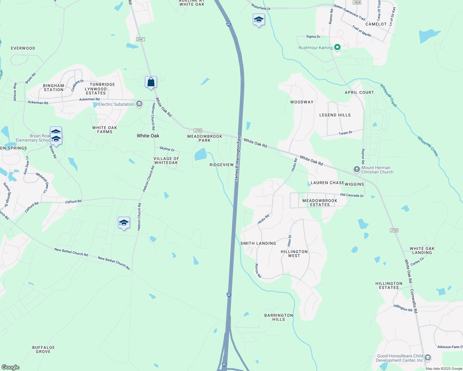 map of restaurants, bars, coffee shops, grocery stores, and more near 4211 Battle Field Drive in Garner