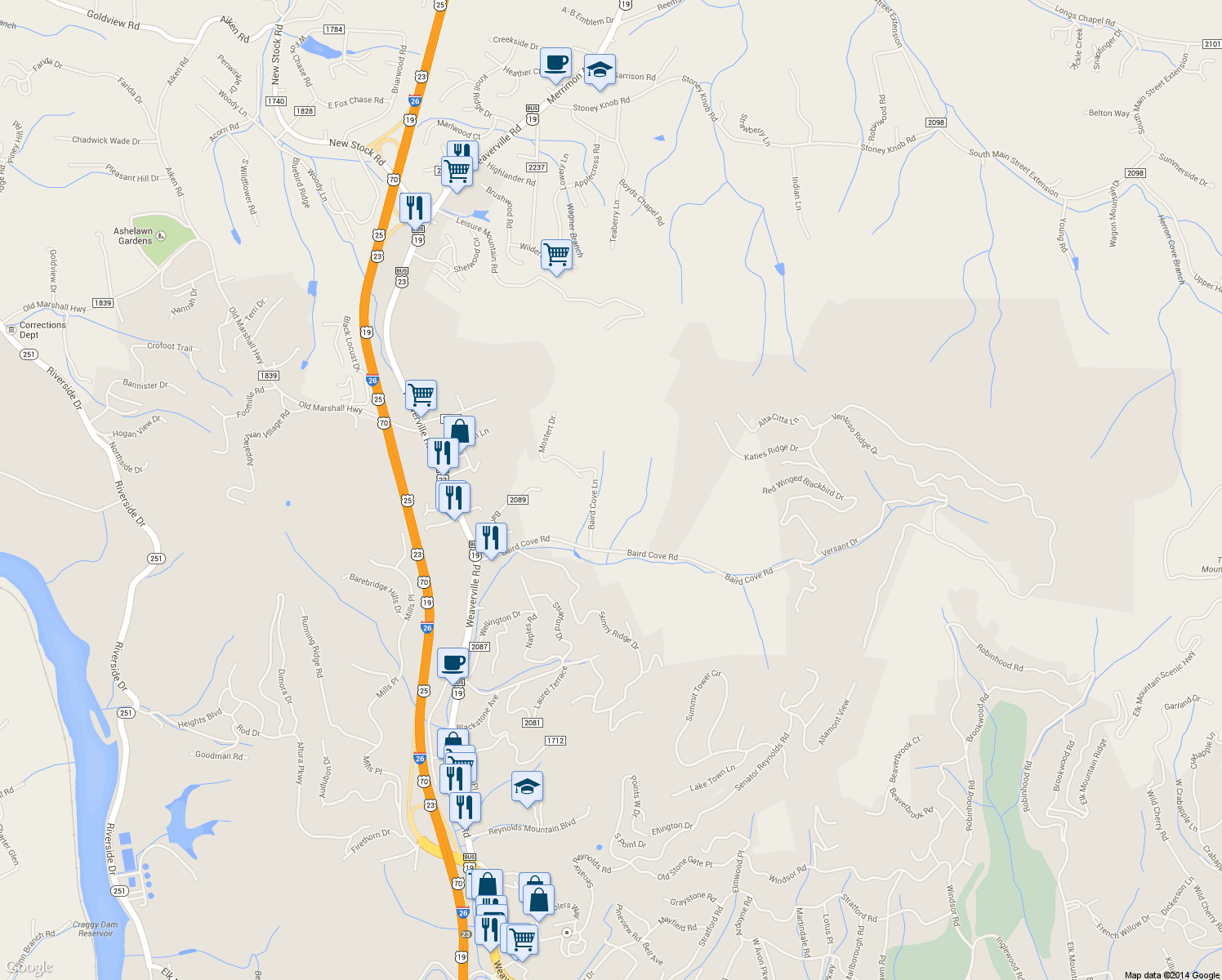 map of restaurants, bars, coffee shops, grocery stores, and more near Northside Terrace in Asheville