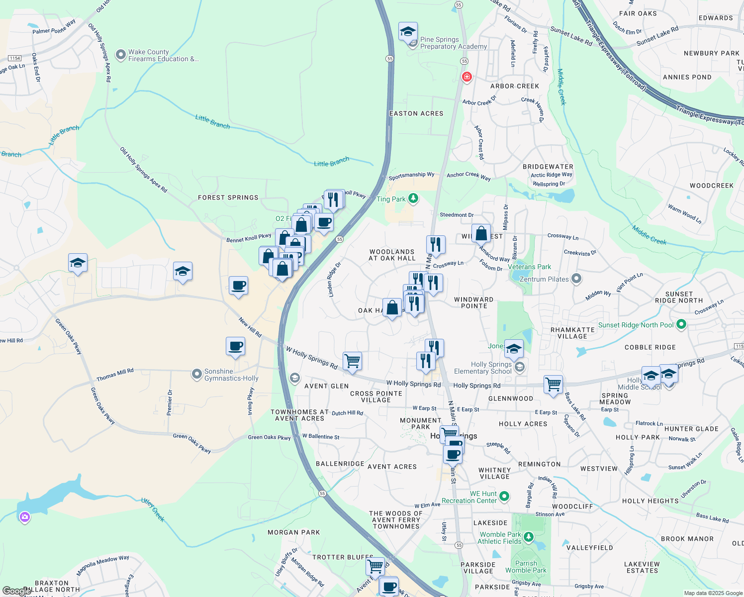 map of restaurants, bars, coffee shops, grocery stores, and more near 121 Bracken Trail Circle in Holly Springs