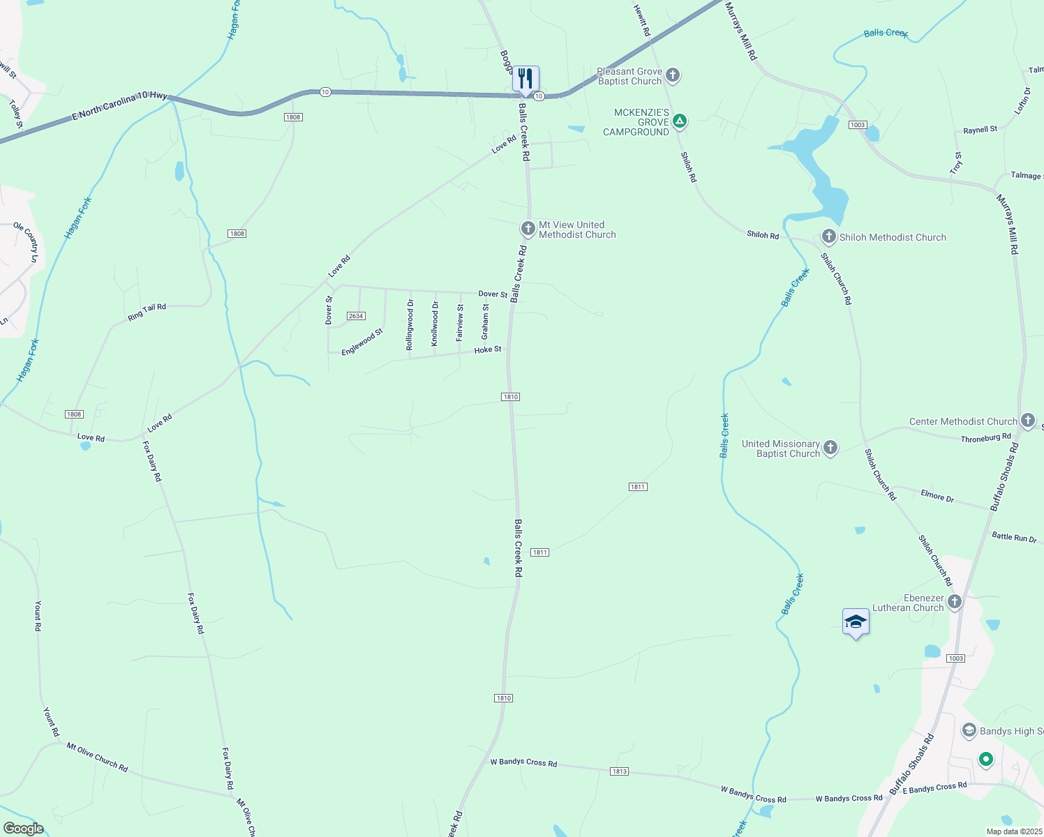 map of restaurants, bars, coffee shops, grocery stores, and more near 1582 Balls Creek Road in Claremont