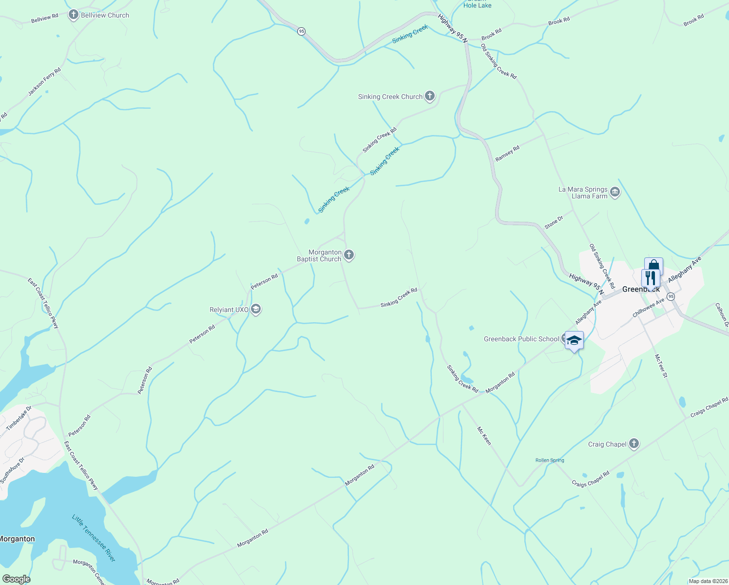 map of restaurants, bars, coffee shops, grocery stores, and more near 4260 Sinking Creek Road in Greenback