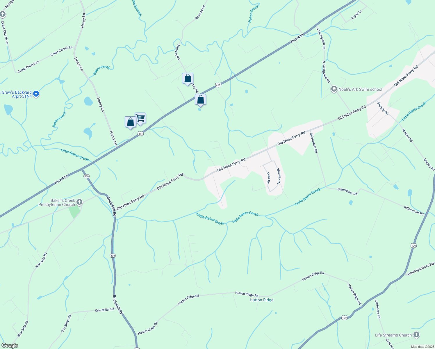 map of restaurants, bars, coffee shops, grocery stores, and more near 5036 Old Niles Ferry Road in Maryville
