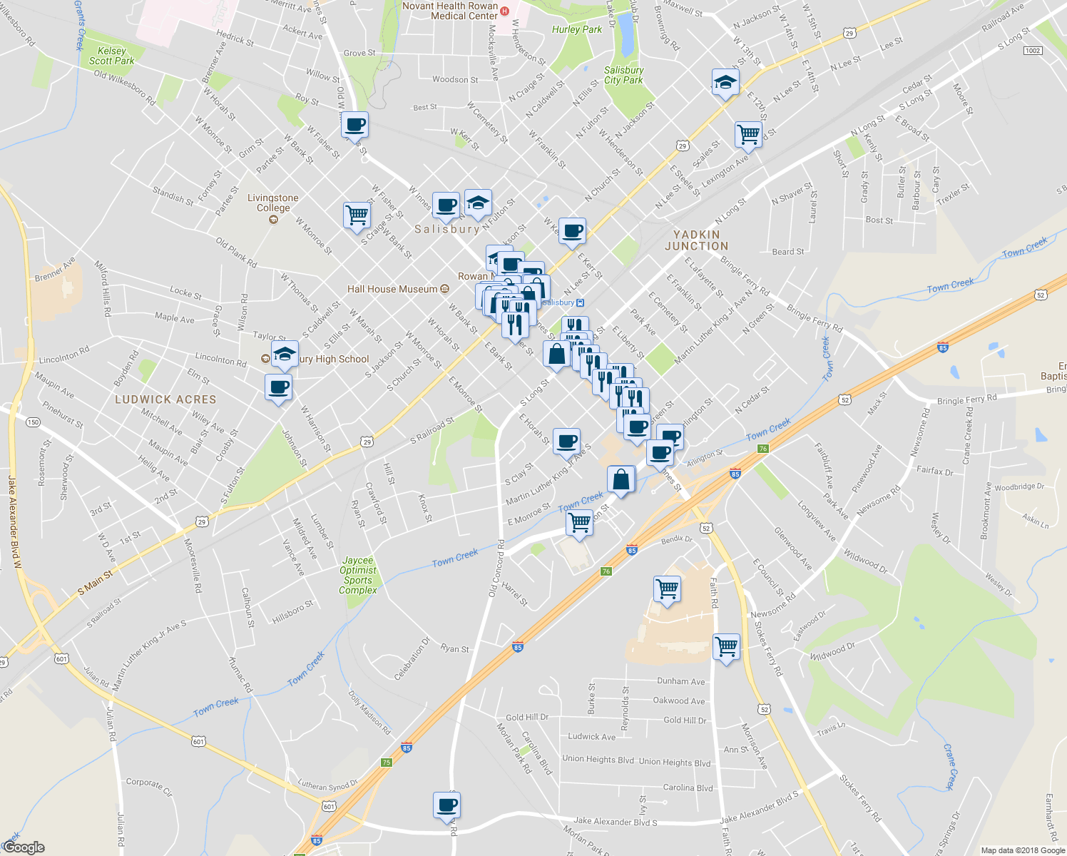 map of restaurants, bars, coffee shops, grocery stores, and more near South Shaver Street in Salisbury