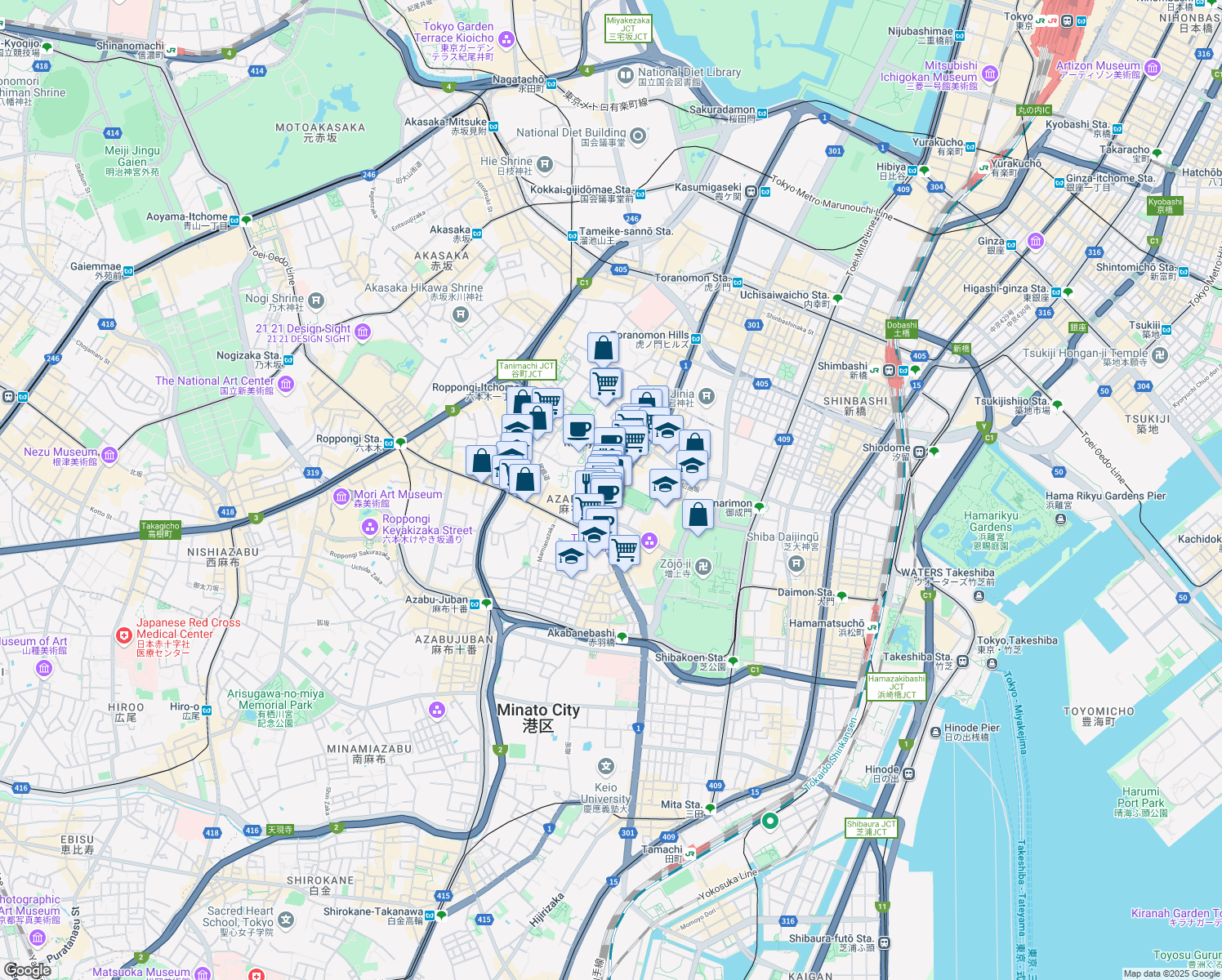 map of restaurants, bars, coffee shops, grocery stores, and more near in Minato City