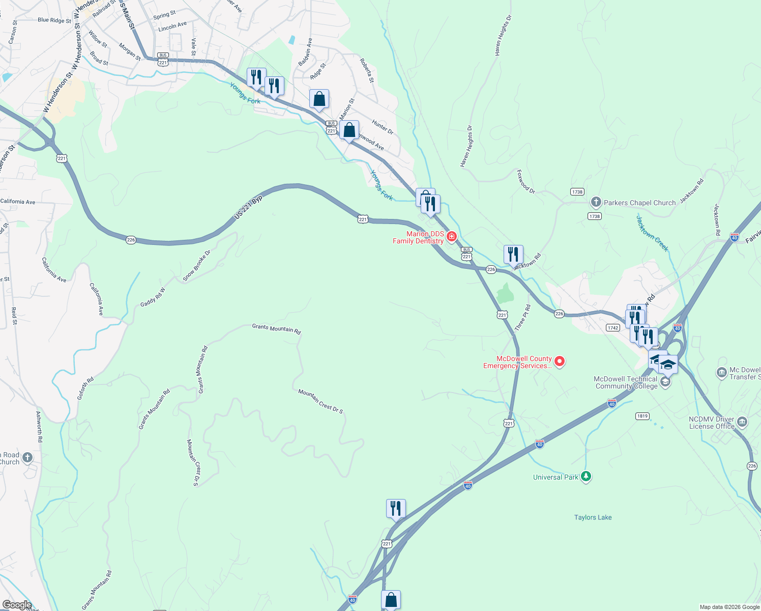map of restaurants, bars, coffee shops, grocery stores, and more near 626 Cooper Road in Marion