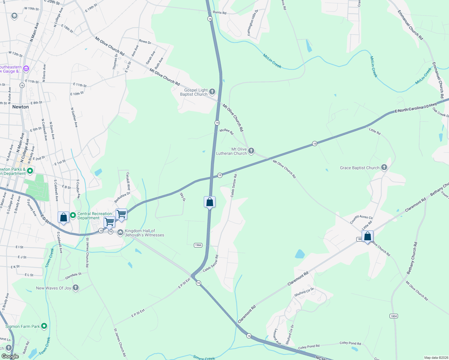 map of restaurants, bars, coffee shops, grocery stores, and more near 1893 E Nc 10 Hwy in Newton