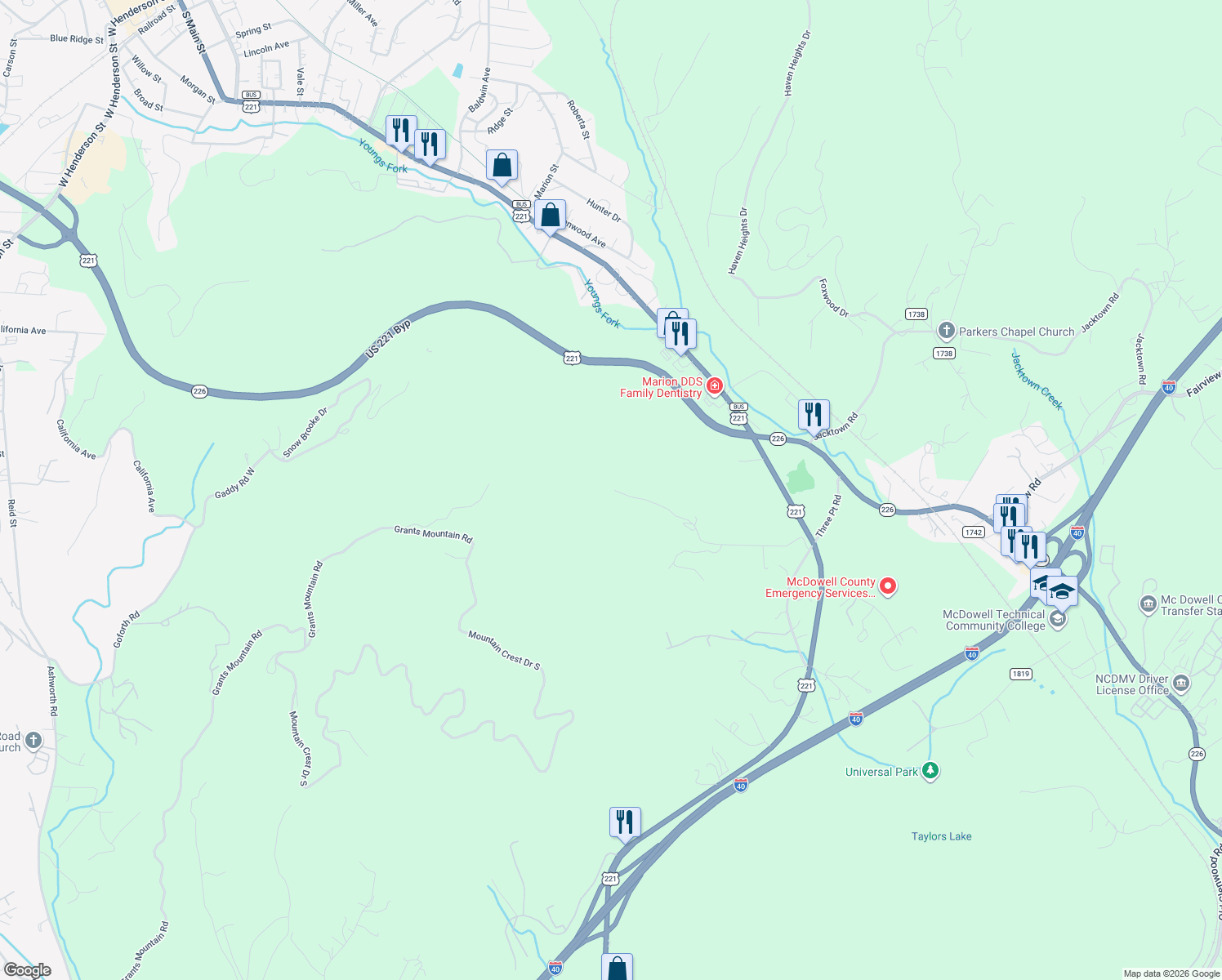 map of restaurants, bars, coffee shops, grocery stores, and more near 626 Cooper Road in Marion