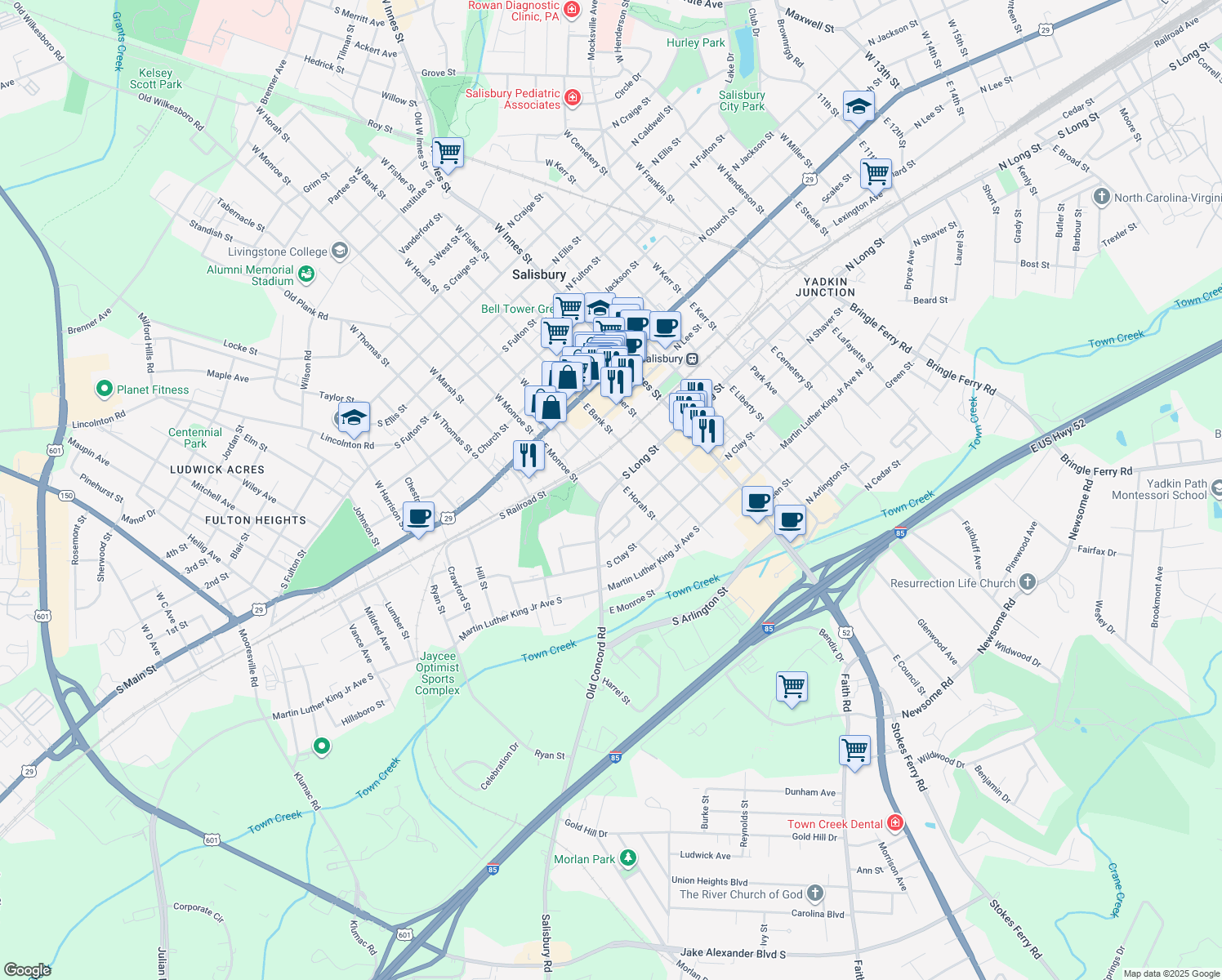 map of restaurants, bars, coffee shops, grocery stores, and more near 409 South Long Street in Salisbury