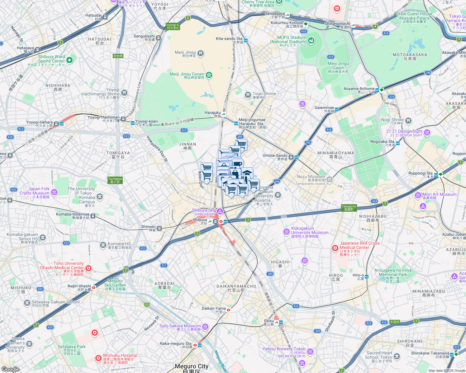 map of restaurants, bars, coffee shops, grocery stores, and more near in Shibuya