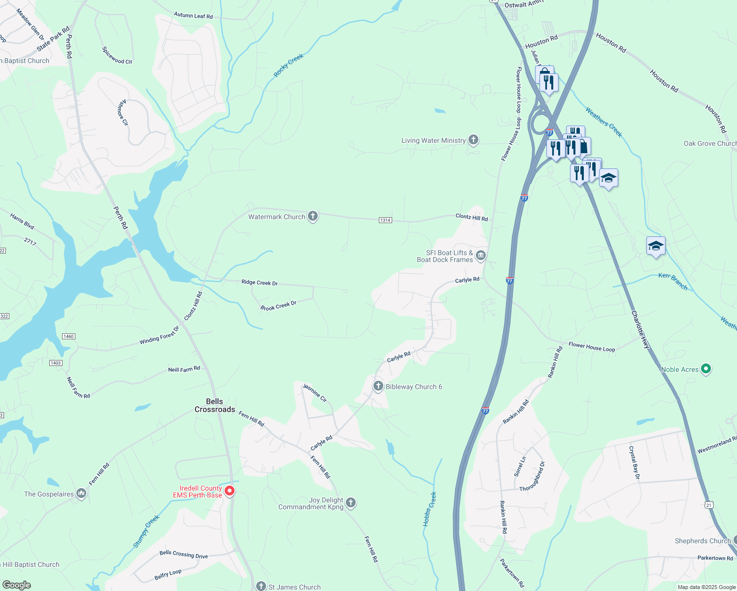 map of restaurants, bars, coffee shops, grocery stores, and more near 191 East Panther Creek Road in Troutman